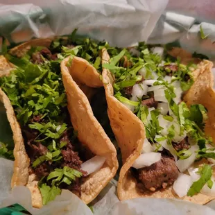 Taco de cabeza (beef head) and taco de lengua (beef tongue)