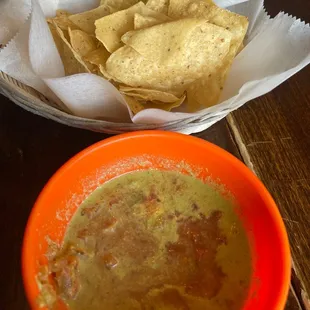 Chips and Salsa. (I combined the green (spicy) salsa and the red traditional salsa.