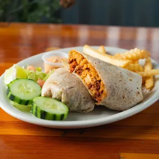 a burrito and french fries
