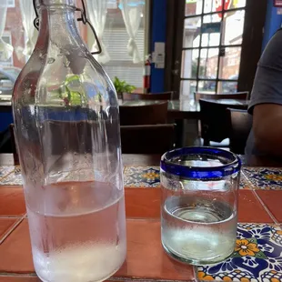 a glass of water and a bottle of water