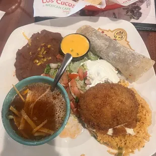 Chicken Stuffed Avocado, beef taco, and Tortilla Soup