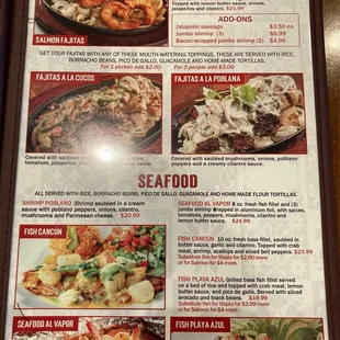 Fajita and seafood menu page