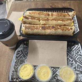Three burritos plus a coffee for $20