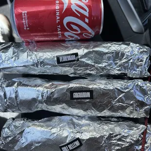 3 Burritos &amp; Can Soda $20