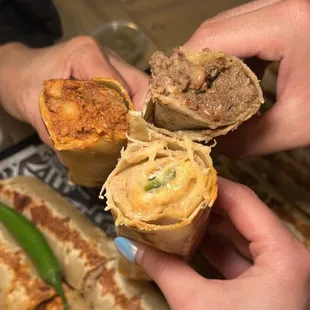 Cross section of 3 different burritos