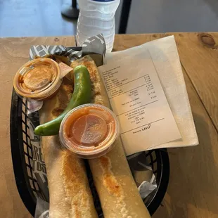 Deshebrada y birria burritos. The salsa paired great with both burritos.