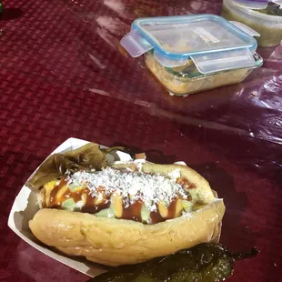 a hot dog in a bun