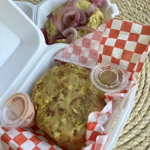 Mofongo Smashed Fried Plantain with Garlic Butter Sauce and Mangu' Mashed Plantains with butter.