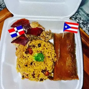 Pernil, Pastel de Masa, Arroz con Gandules / Roast Pork, Puerto Rican Tamale, Rice with Pigeon Peas