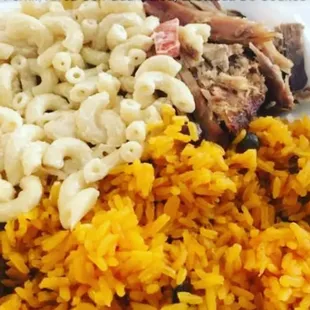 Pernil, Arroz con Gandules, Ensalada se Coditos: Roast Pork, Rice with Pigeon Peas, Elbow Macaroni Salad