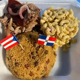 Pernil, Arroz con Gandules, Ensalada de Coditos / Roast Pork, Rice with Pigeon Peas, Elbow Macaroni Salad