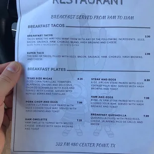 Breakfast menu