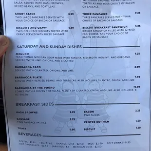 Breakfast/weekend menu