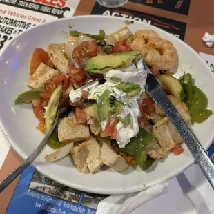 Chicken Burrito Bowl with gluten free allergy! Grilled chicken- get without the fried corn tortilla topping.