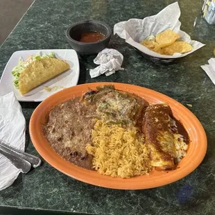 Combo plate. Very tasty and the refried beans perfectly made.