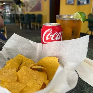 a drink and chips