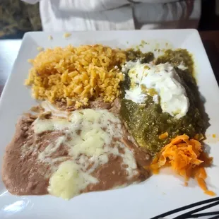 Shredded Green Chicken Enchilada, beans and rice