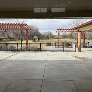 Outside in the back of the center.