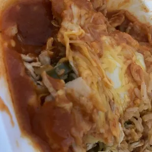 Chicken enchilada has lots of green peppers
