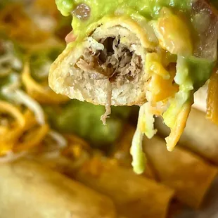 Shredded Beef Rolled Tacos with Guacamole and Cheese.
