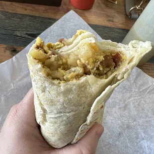 Bacon, egg, cheese, potato breakfast burrito. Amazing taste, great tortillas