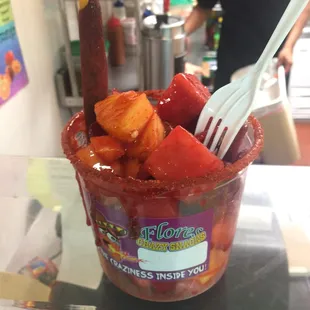 My crazy fruit cup. So good! Covered in chamoy and filled with fresh fruit and tamarindo candy. So good!!!