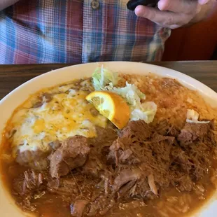 Chile Colorado with rice and beans