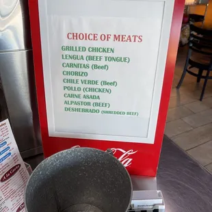 Meat menu