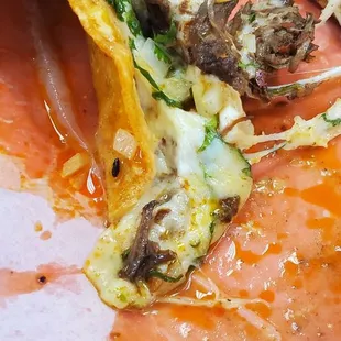 Closeup view of the gooey cheese from the quesabirria