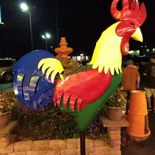 a colorful rooster in a parking lot