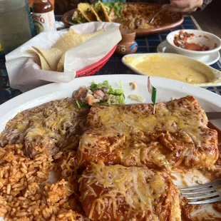 burritos enchilada style, tacos, and Cheese Dip