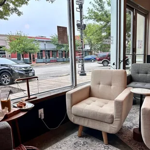 a view of a street through a window