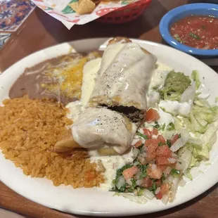 Beef chimichanga with all the fixings