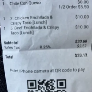 Receipt showing two lunch menu selection with additional drink charges