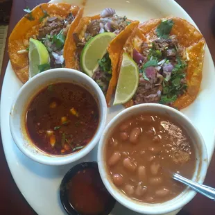 Birria Tacos and &quot;frijoles charro&quot; (well seasoned pinto beans)