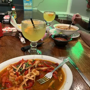 Shrimp with mango salsa and chicken tortilla soup. Portions are huge!
