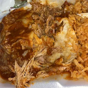 Three plate enchilada with chicken- not enough sauce or cheese for me.