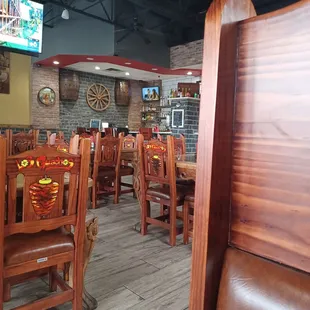 Inside with lovely and colorful chairs.
