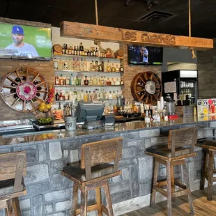 a bar with wooden chairs
