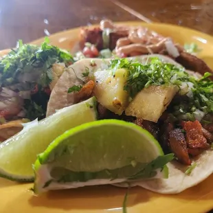 Fried fish, gringo and Al pastor tacos