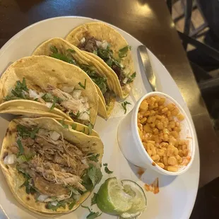 Street tacos and Mexican street corn.