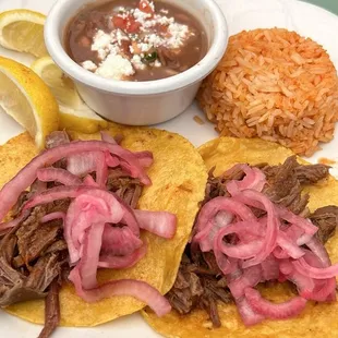 Lunch special 2- birria tacos with rice and beans