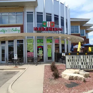 Outside of the restaurant on the corner of the mall, view looking west.