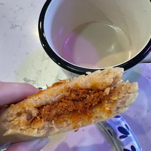 Pork Tamale and Horchata with espresso.