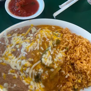 Chile Relleno, rice and beans. So delicious!