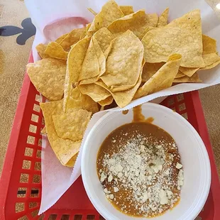 Tortilla Chips and fresh bean dip with your order, dine in only though...