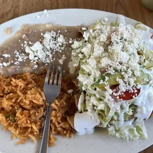 Chicken flautas, rice, beans