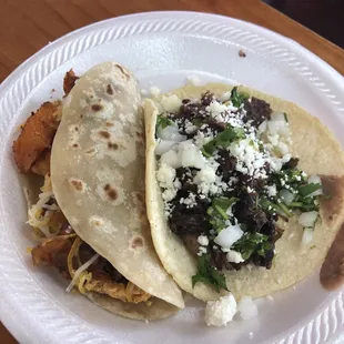 Barbacoa with potatoes and Chorizo with eggs, beans and potatoes