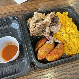 pernil plate with plantains and rice