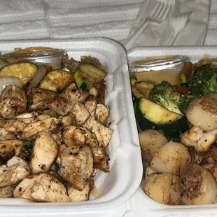 Shrimp and chicken entree and shrimp and scallop entree.